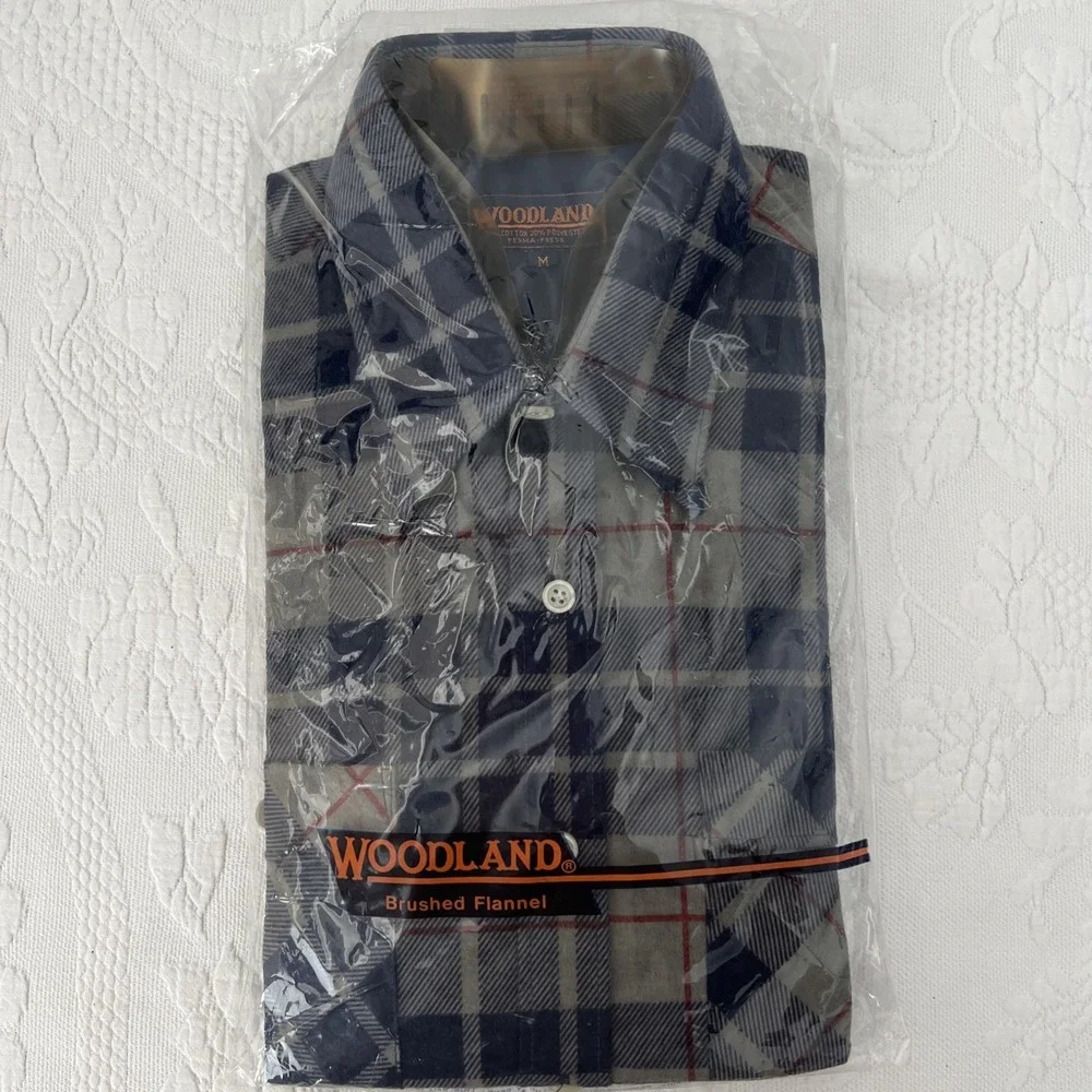 Vintage DEADSTOCK Woodland Brushed Flannel Plaid Perma Medium Blue Shirt Button